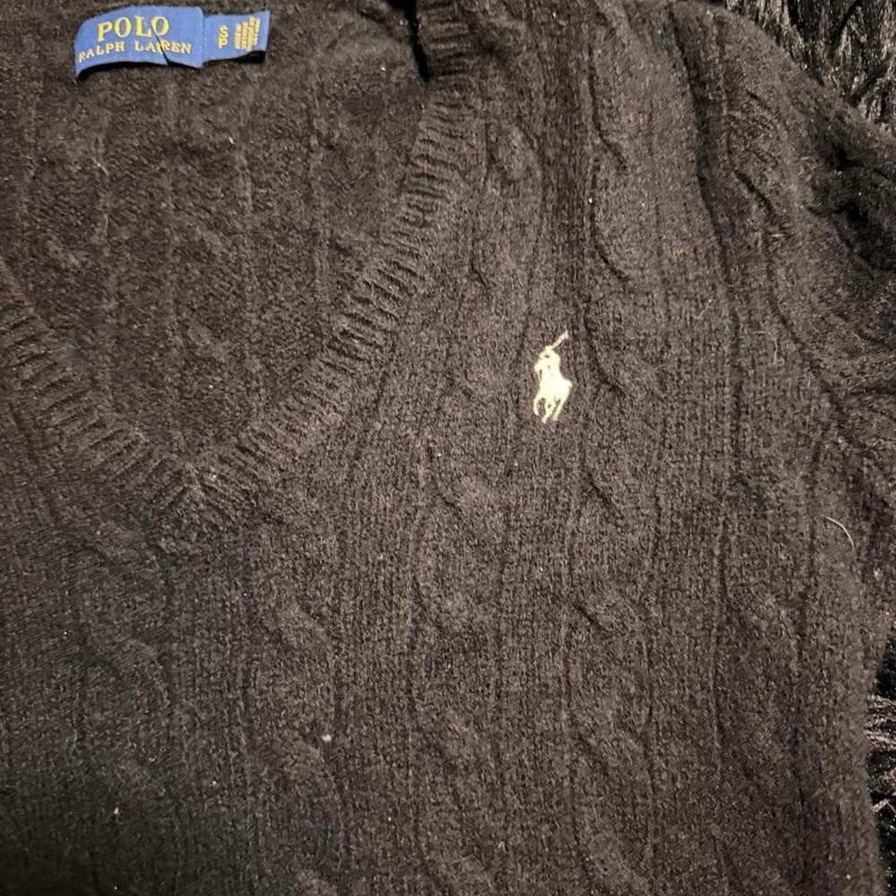 Polo Ralph Lauren Black Cable Knit Wool Cashmere V-Neck Sweater - Picture 7 of 8